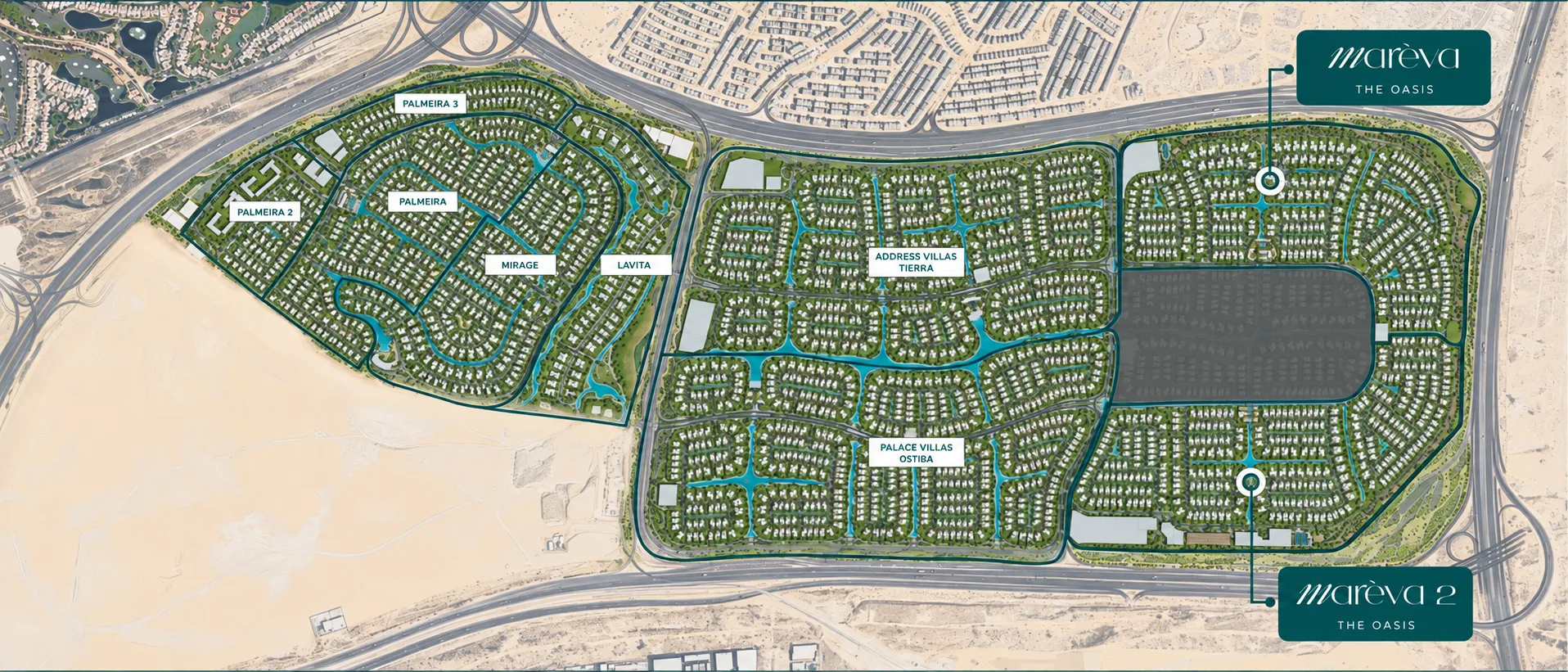 Lunaya masterplan showing lagoons, parks, villas and Lunaya Terraces